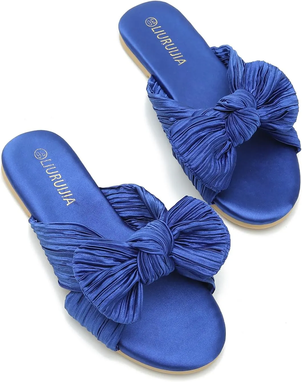 LIURUIJIA Womens Pleated Satin Bow Flats Slide Sandals Casual Dressy Open Toe Slip on Cute Summer Shoes