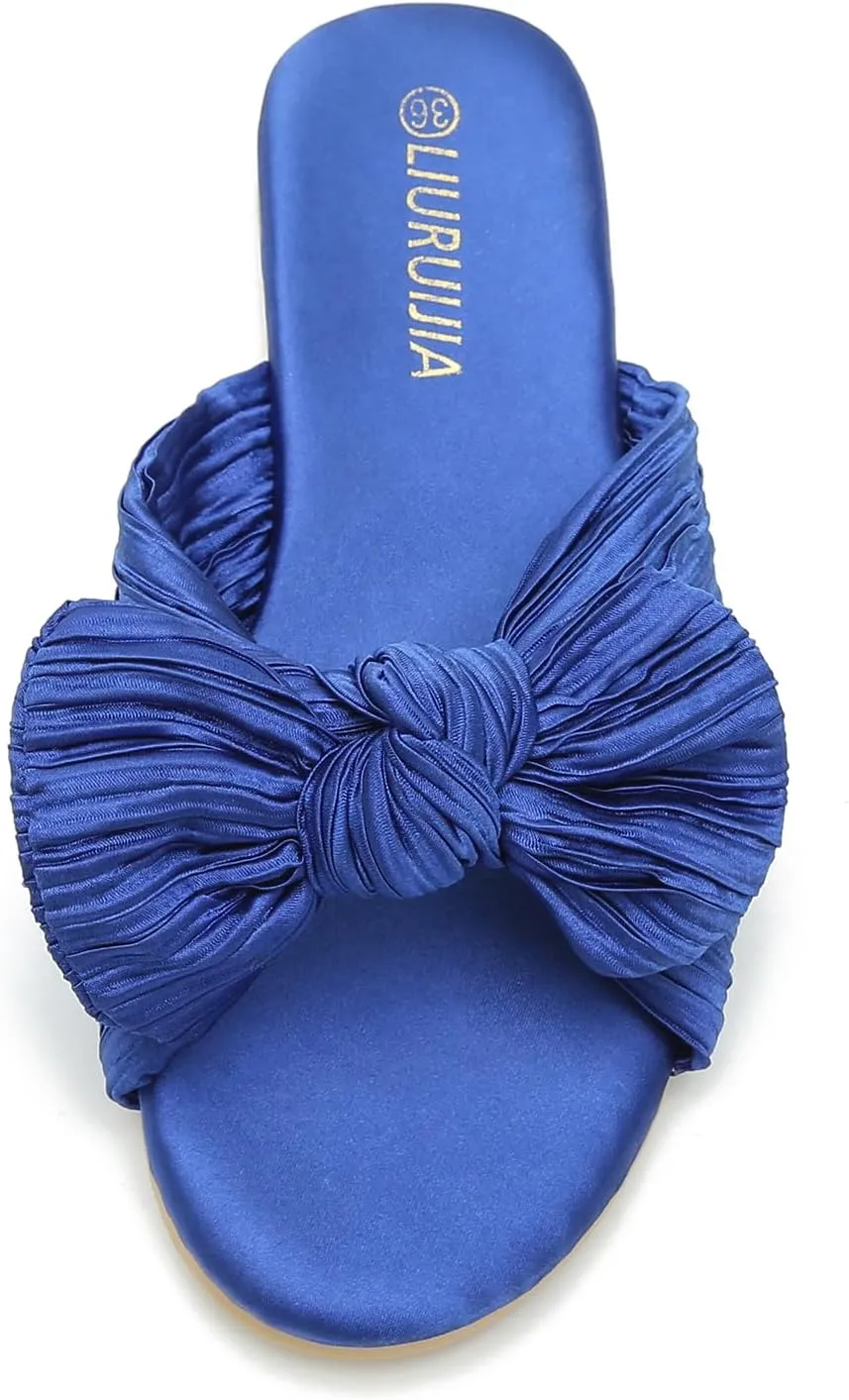 LIURUIJIA Womens Pleated Satin Bow Flats Slide Sandals Casual Dressy Open Toe Slip on Cute Summer Shoes