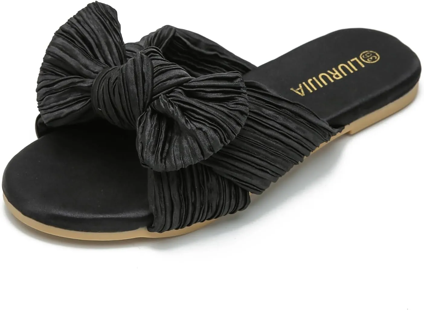 LIURUIJIA Womens Pleated Satin Bow Flats Slide Sandals Casual Dressy Open Toe Slip on Cute Summer Shoes