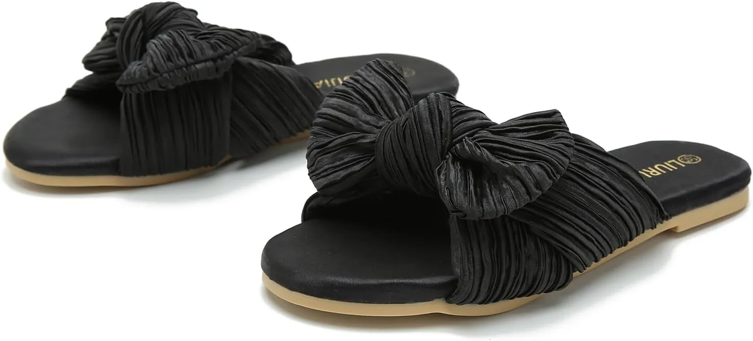 LIURUIJIA Womens Pleated Satin Bow Flats Slide Sandals Casual Dressy Open Toe Slip on Cute Summer Shoes