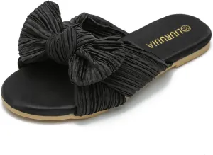 LIURUIJIA Womens Pleated Satin Bow Flats Slide Sandals Casual Dressy Open Toe Slip on Cute Summer Shoes