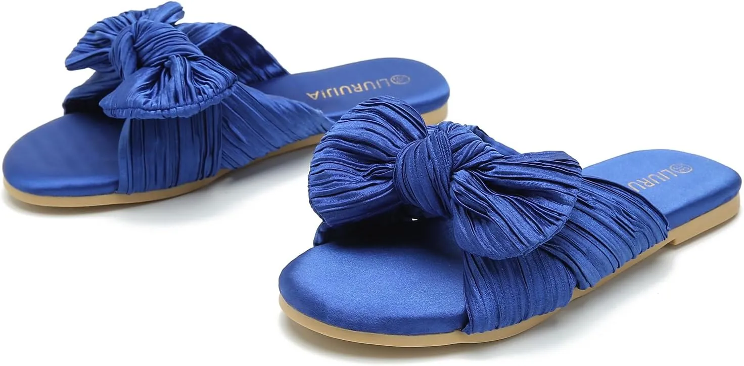 LIURUIJIA Womens Pleated Satin Bow Flats Slide Sandals Casual Dressy Open Toe Slip on Cute Summer Shoes