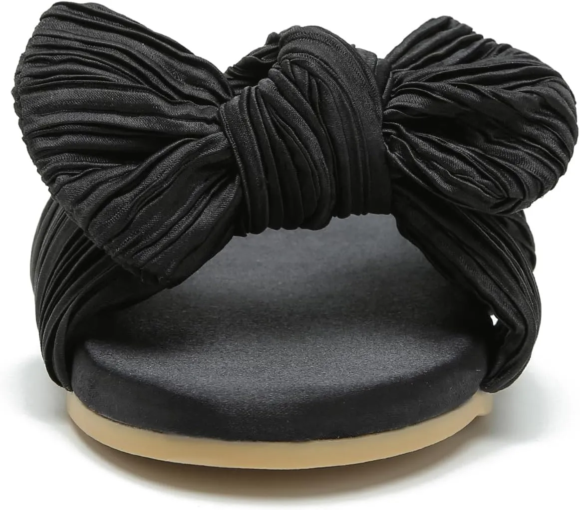 LIURUIJIA Womens Pleated Satin Bow Flats Slide Sandals Casual Dressy Open Toe Slip on Cute Summer Shoes