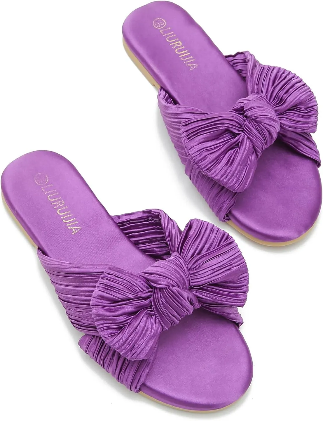 LIURUIJIA Womens Pleated Satin Bow Flats Slide Sandals Casual Dressy Open Toe Slip on Cute Summer Shoes