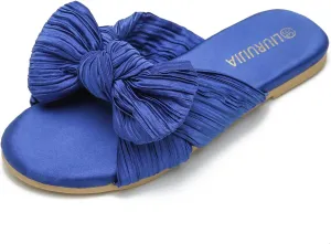 LIURUIJIA Womens Pleated Satin Bow Flats Slide Sandals Casual Dressy Open Toe Slip on Cute Summer Shoes