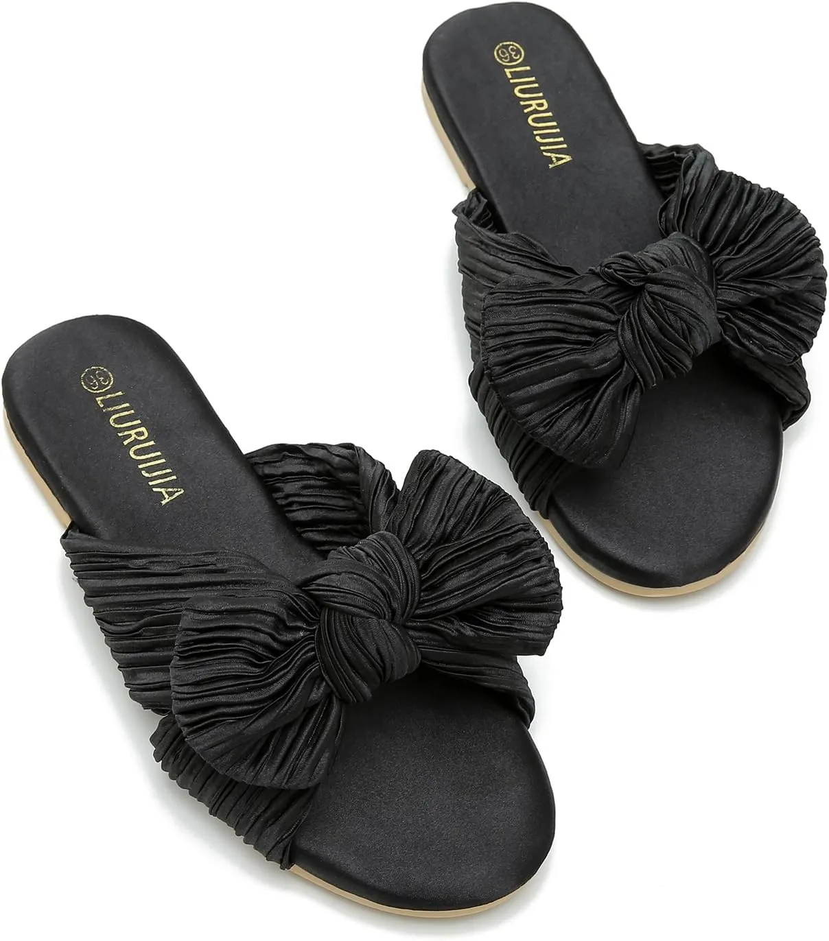 LIURUIJIA Womens Pleated Satin Bow Flats Slide Sandals Casual Dressy Open Toe Slip on Cute Summer Shoes