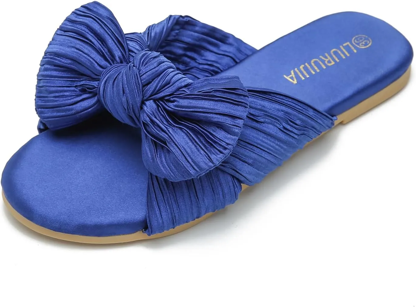 LIURUIJIA Womens Pleated Satin Bow Flats Slide Sandals Casual Dressy Open Toe Slip on Cute Summer Shoes