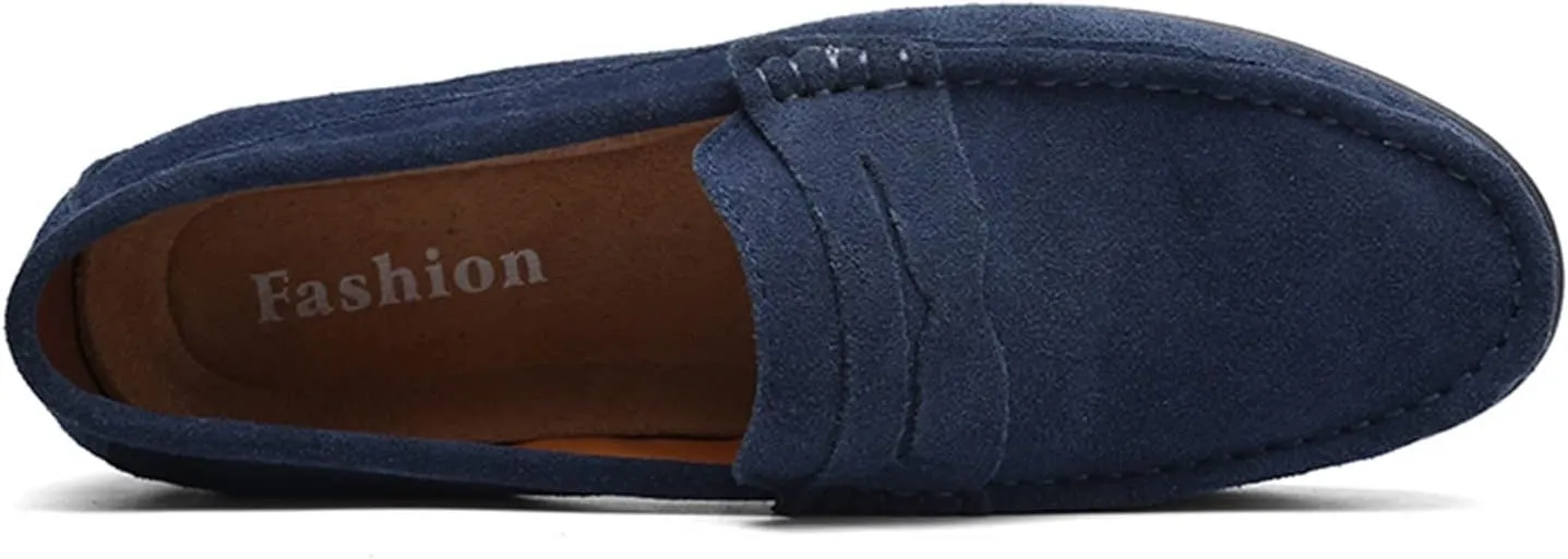 Loafers for Men Genuine Leather Stitching Details Round Toe Suede Vamp Penny Loafer Rubber Sole Flexible Slip Resistant Lightweight Classic Slip-ons