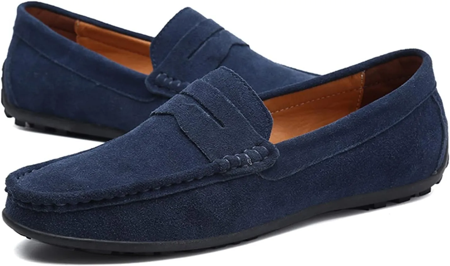 Loafers for Men Genuine Leather Stitching Details Round Toe Suede Vamp Penny Loafer Rubber Sole Flexible Slip Resistant Lightweight Classic Slip-ons