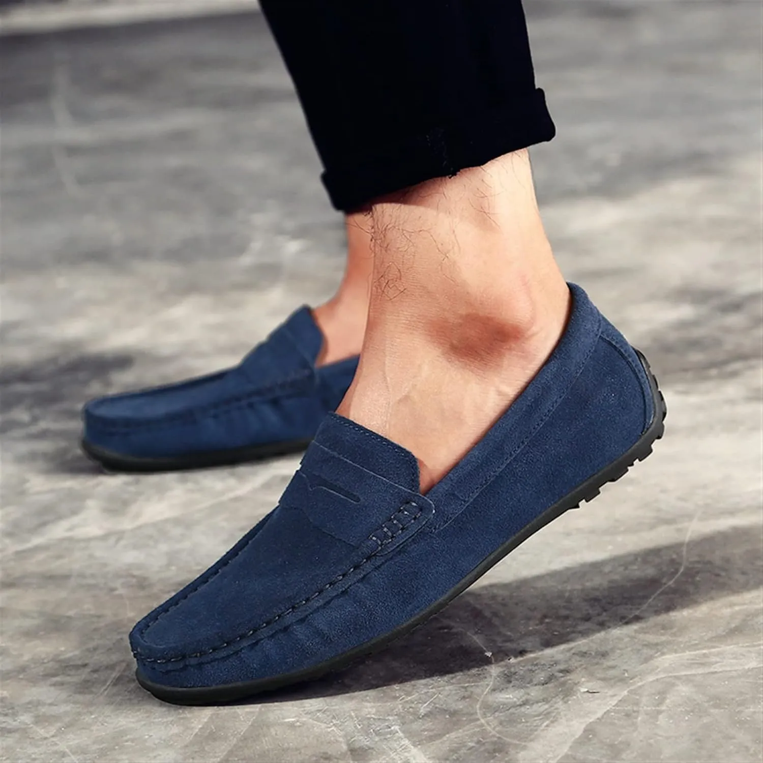 Loafers for Men Genuine Leather Stitching Details Round Toe Suede Vamp Penny Loafer Rubber Sole Flexible Slip Resistant Lightweight Classic Slip-ons