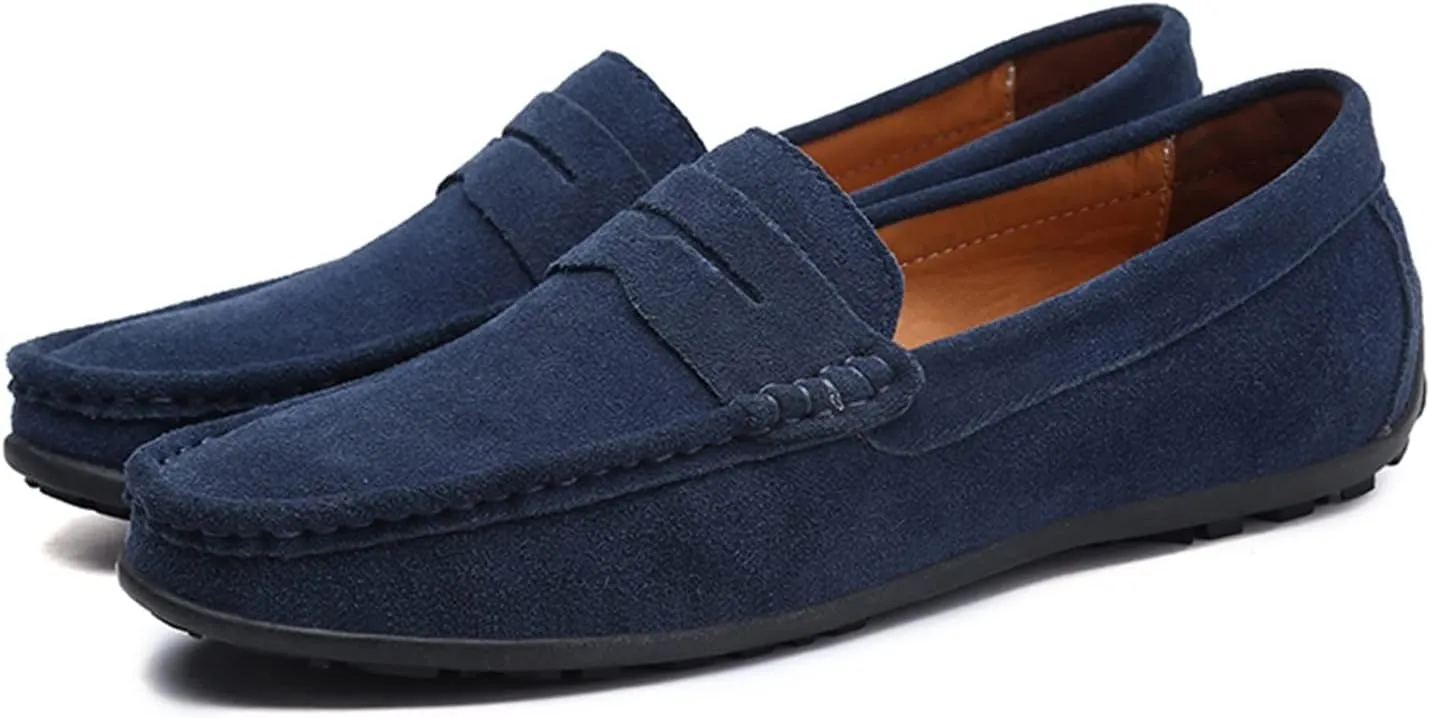 Loafers for Men Genuine Leather Stitching Details Round Toe Suede Vamp Penny Loafer Rubber Sole Flexible Slip Resistant Lightweight Classic Slip-ons