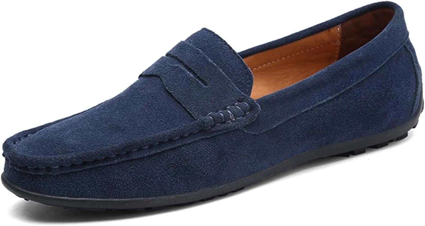 Loafers for Men Genuine Leather Stitching Details Round Toe Suede Vamp Penny Loafer Rubber Sole Flexible Slip Resistant Lightweight Classic Slip-ons
