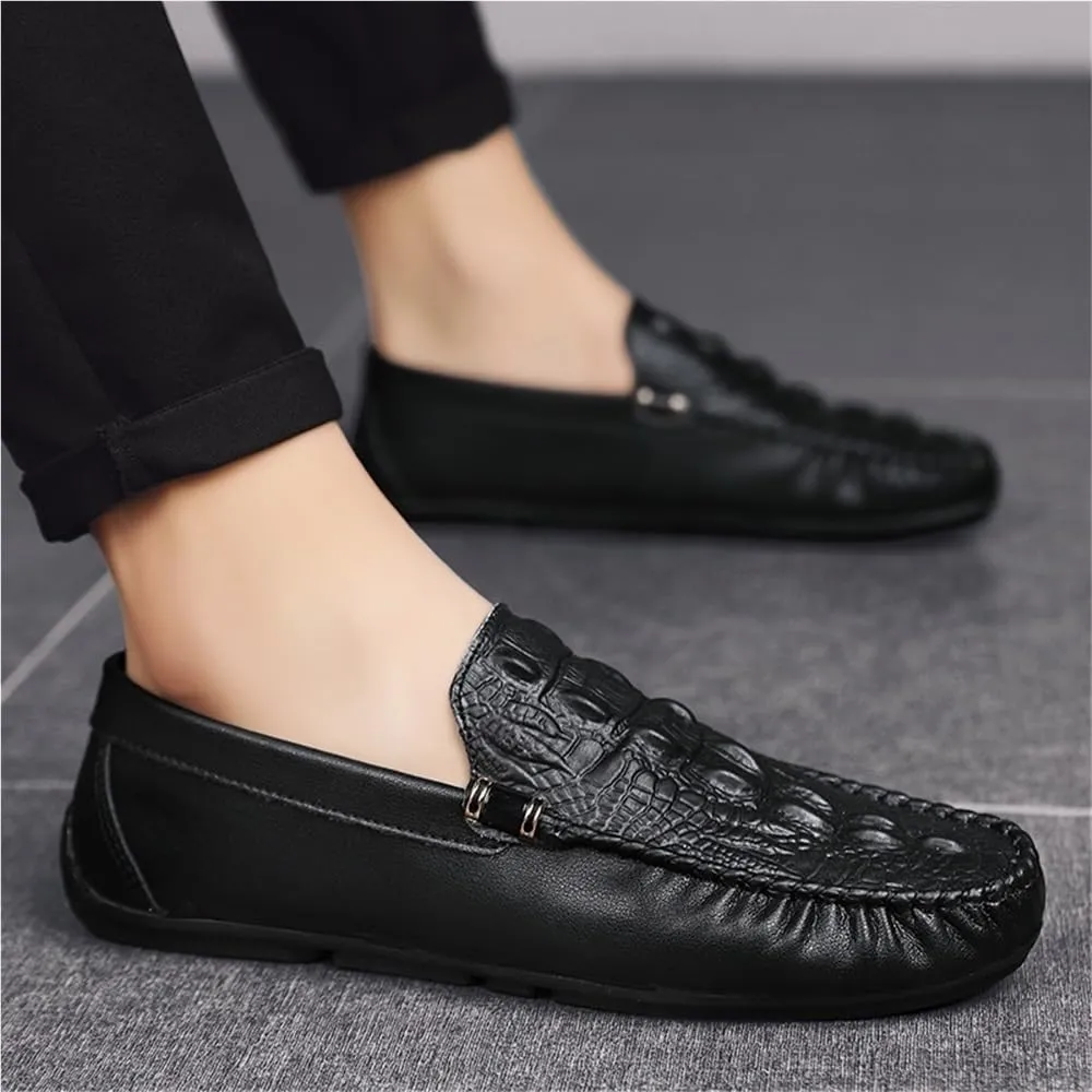 Loafers for Men Round Toe Solid Color Crocodile Print Lightweight Flexible Comfortable Casual Non-Slip Low Heel Work Shoes