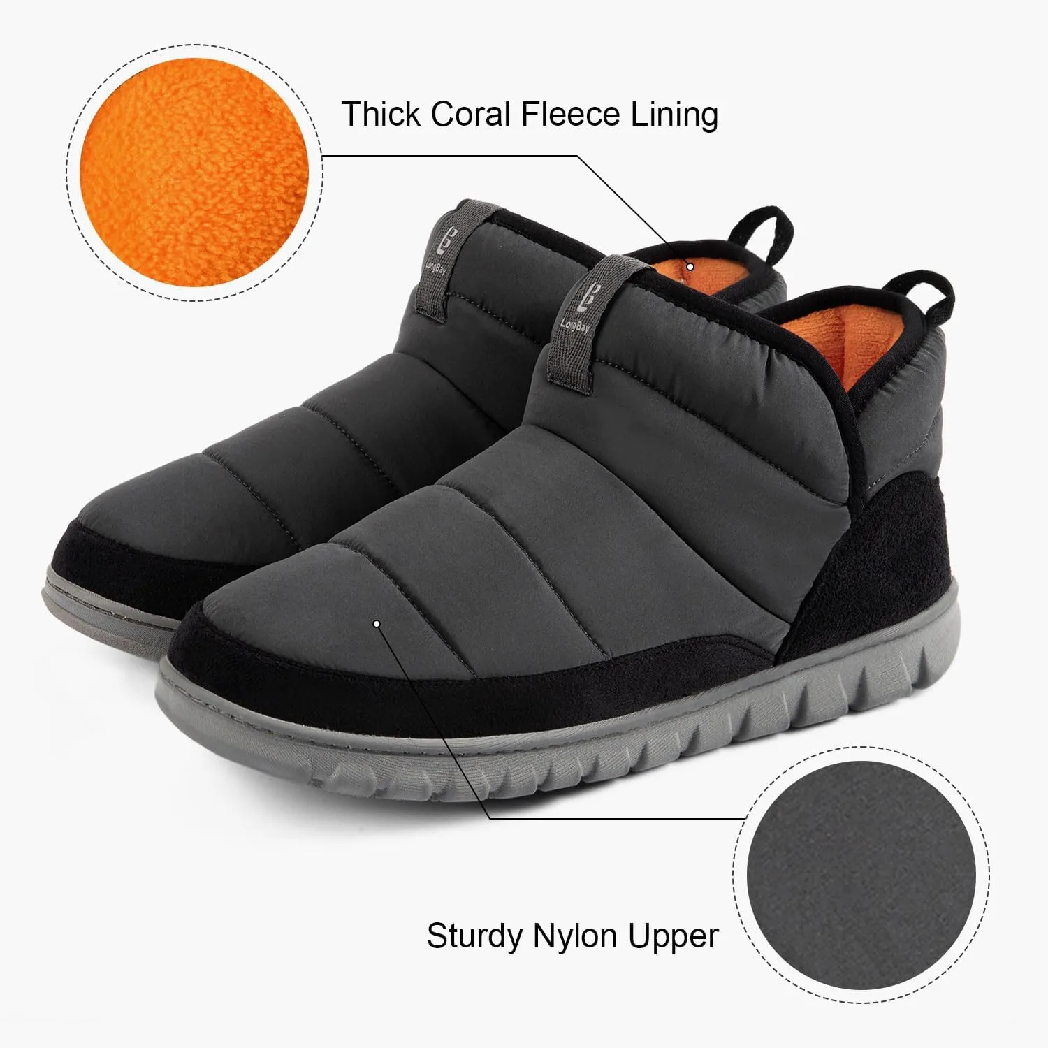 LongBay Mens Bootie Slippers with Memory Foam Indoor Outdoor Warm House Shoes Sport Lounge Camping Boots