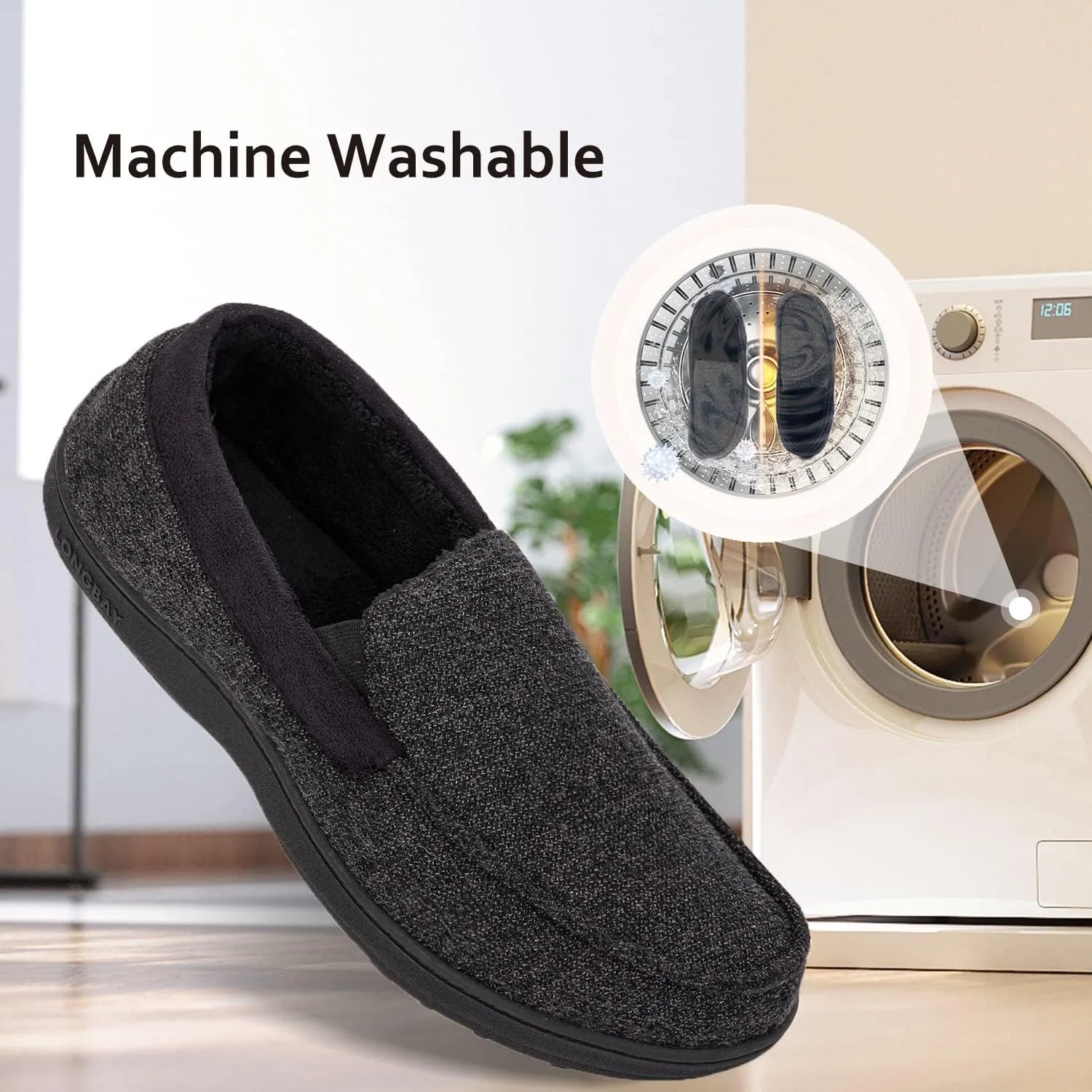 LongBay Men's Cozy Moccasin Slippers Loafer House Shoes with Memory Foam and Rubber Sole for Indoor Outdoor