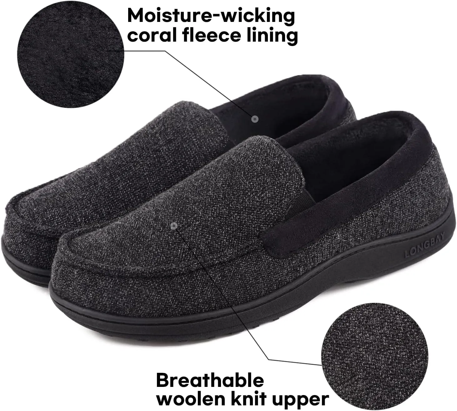 LongBay Men's Cozy Moccasin Slippers Loafer House Shoes with Memory Foam and Rubber Sole for Indoor Outdoor