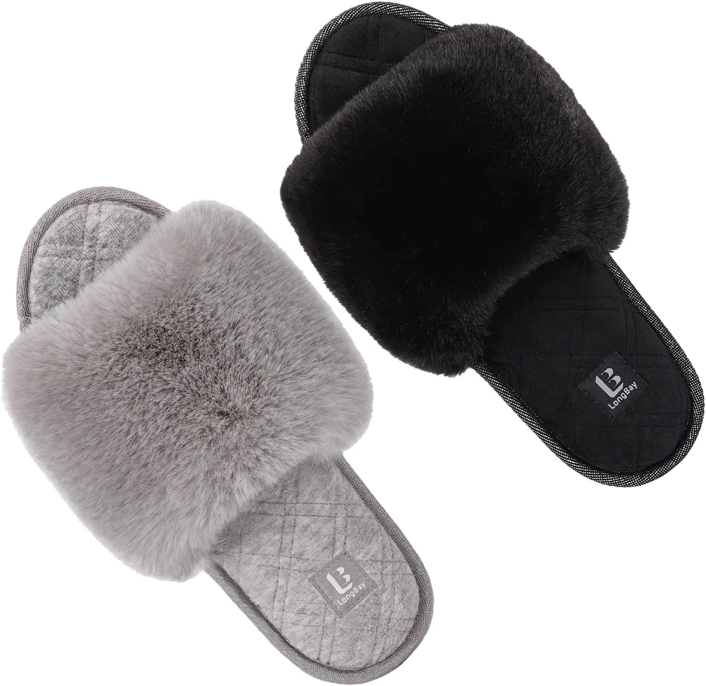 LongBay Women's Fuzzy Faux Fur Memory Foam Cozy Flat Spa Slide Slippers Comfy Open Toe Slip On House Shoes Sandals