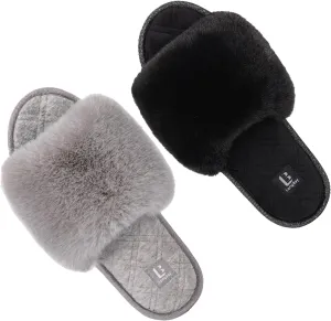 LongBay Women's Fuzzy Faux Fur Memory Foam Cozy Flat Spa Slide Slippers Comfy Open Toe Slip On House Shoes Sandals