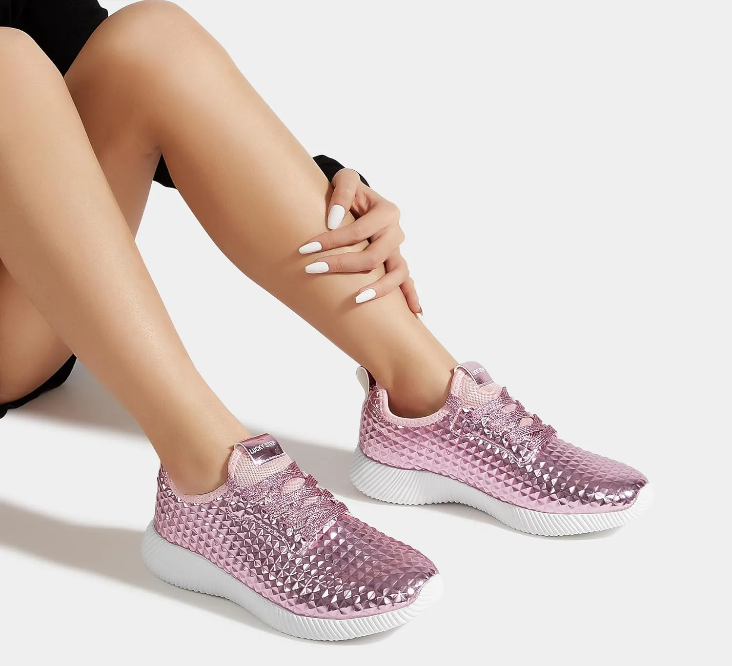 LUCKY STEP Women's Metallic Fashion Sneaker Leatherette Studded Jogger Lightweight Casual Walking Shoes