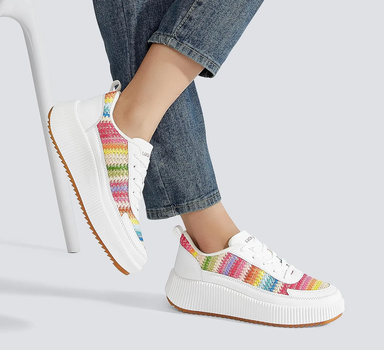 LUCKY STEP Women's Platform Sneakers Rhinestone Fashion Chunky Casual Sparkly Retro Braided Walking Shoes