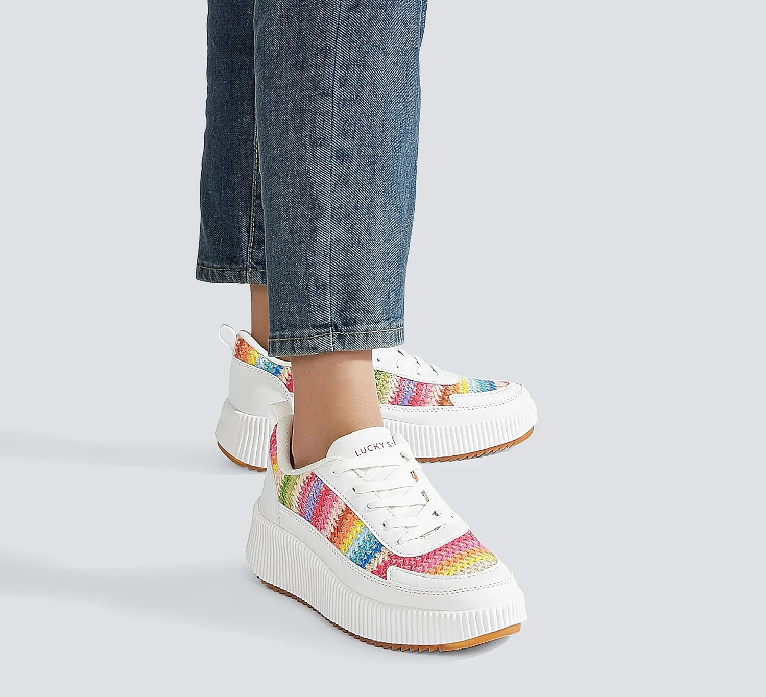 LUCKY STEP Women's Platform Sneakers Rhinestone Fashion Chunky Casual Sparkly Retro Braided Walking Shoes