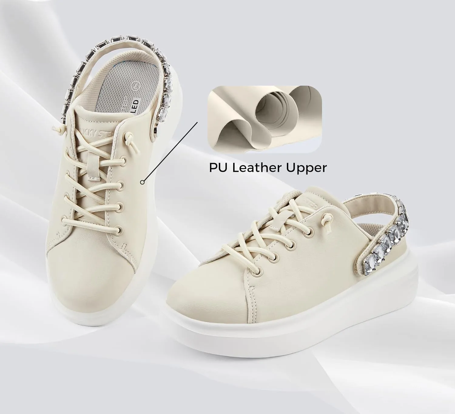 LUCKY STEP Women's Rhinestone Mule Shoes Adjustable Casual Slip On Sneakers Closed Toe Breathable Clogs