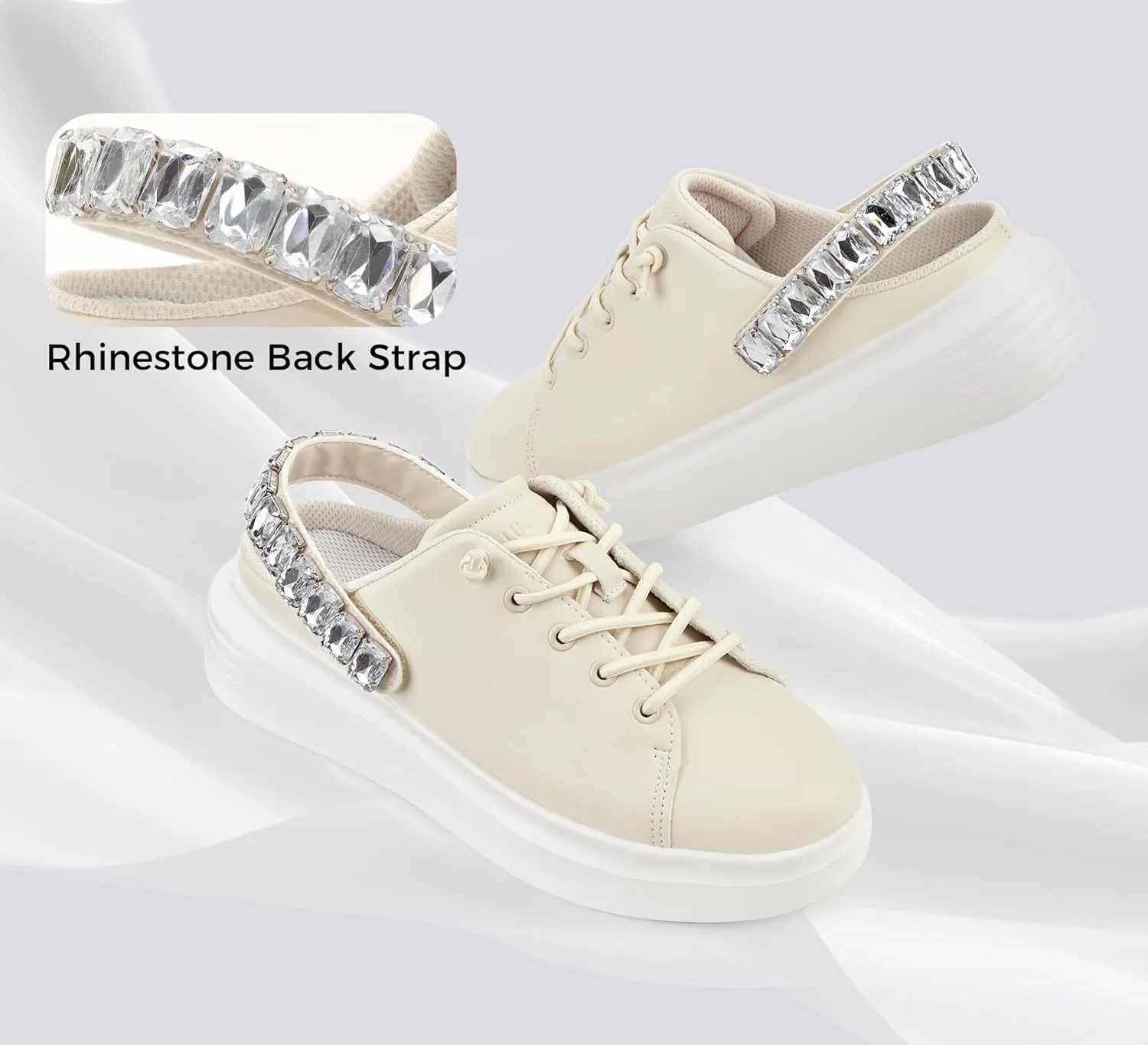 LUCKY STEP Women's Rhinestone Mule Shoes Adjustable Casual Slip On Sneakers Closed Toe Breathable Clogs