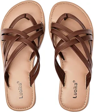Luoika Women's Wide Width Flat Sandals, Flip Flop Slides Sandal Casual Strapy Sandal Slip on Summer Beach Shoes for Women.