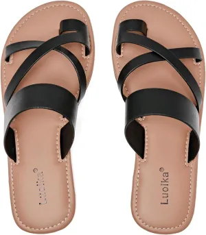 Luoika Women's Wide Width Flat Sandals, Flip Flop Slides Sandal Casual Strapy Sandal Slip on Summer Beach Shoes for Women.