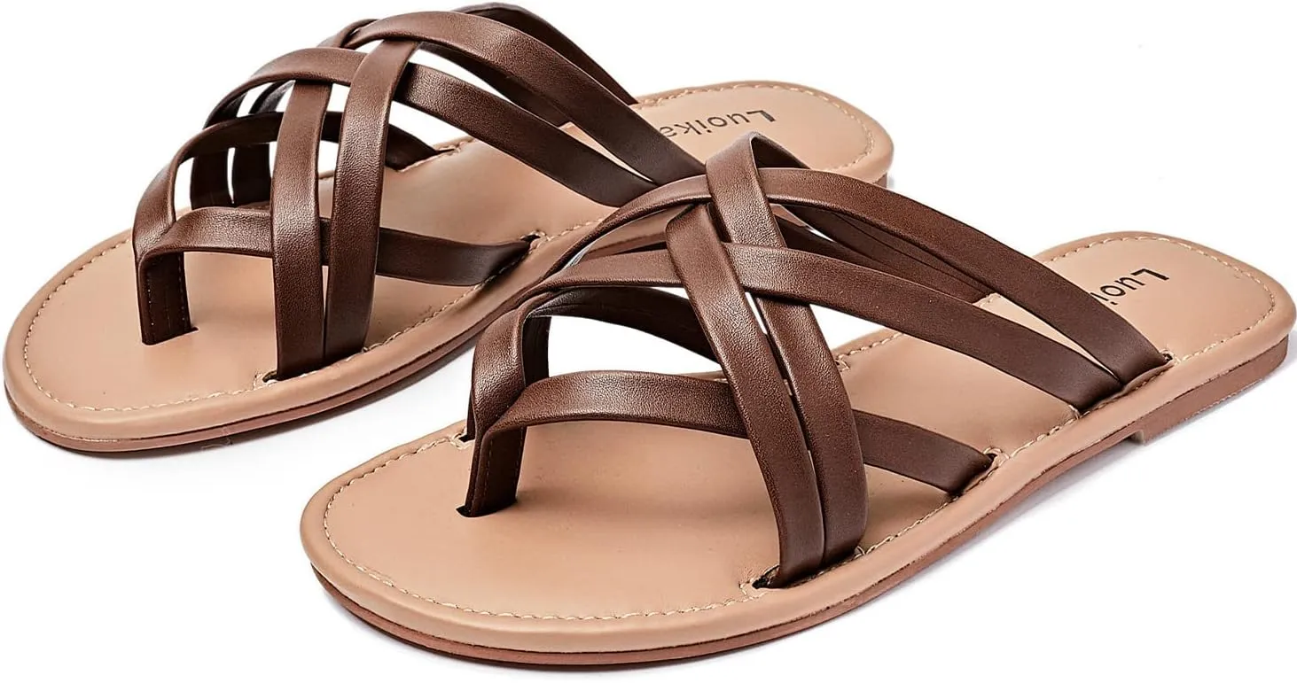 Luoika Women's Wide Width Flat Sandals, Flip Flop Slides Sandal Casual Strapy Sandal Slip on Summer Beach Shoes for Women.