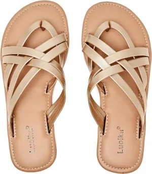 Luoika Women's Wide Width Flat Sandals, Flip Flop Slides Sandal Casual Strapy Sandal Slip on Summer Beach Shoes for Women.