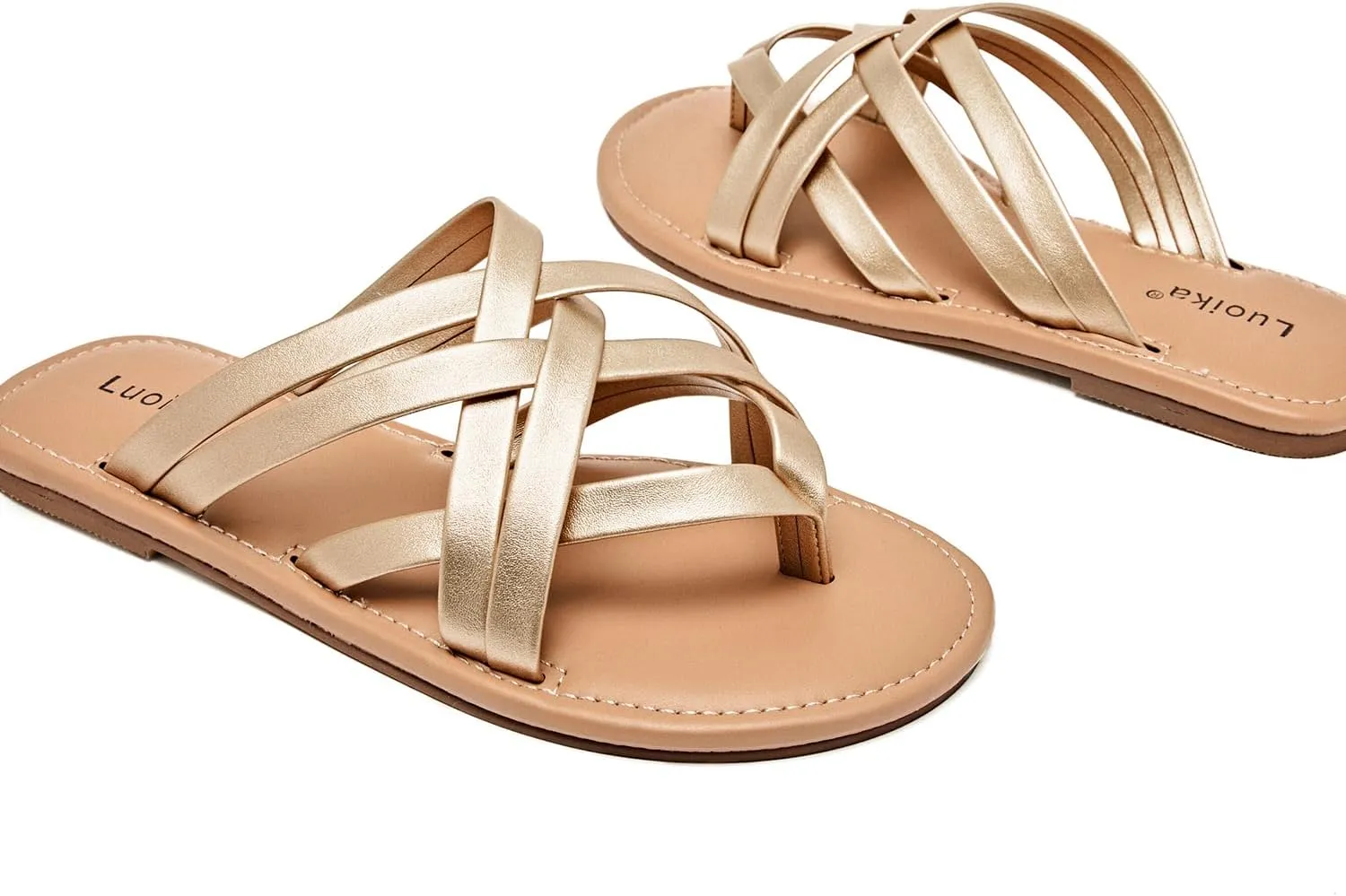 Luoika Women's Wide Width Flat Sandals, Flip Flop Slides Sandal Casual Strapy Sandal Slip on Summer Beach Shoes for Women.