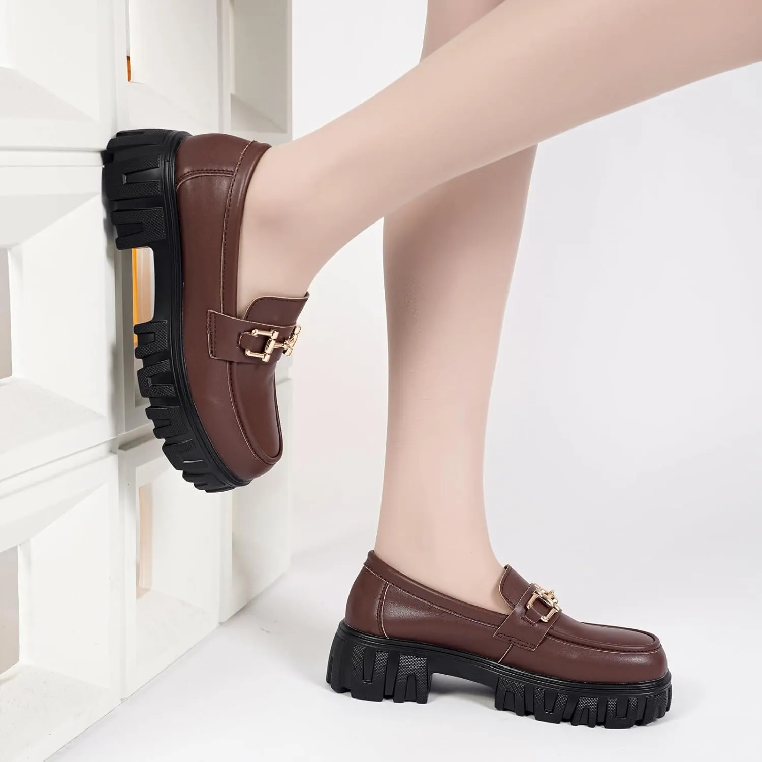 Maichal Platform Loafers for Women Slip On Chunky Heel Lug Sole Shoes Business Work Dressy Loafers with Chain