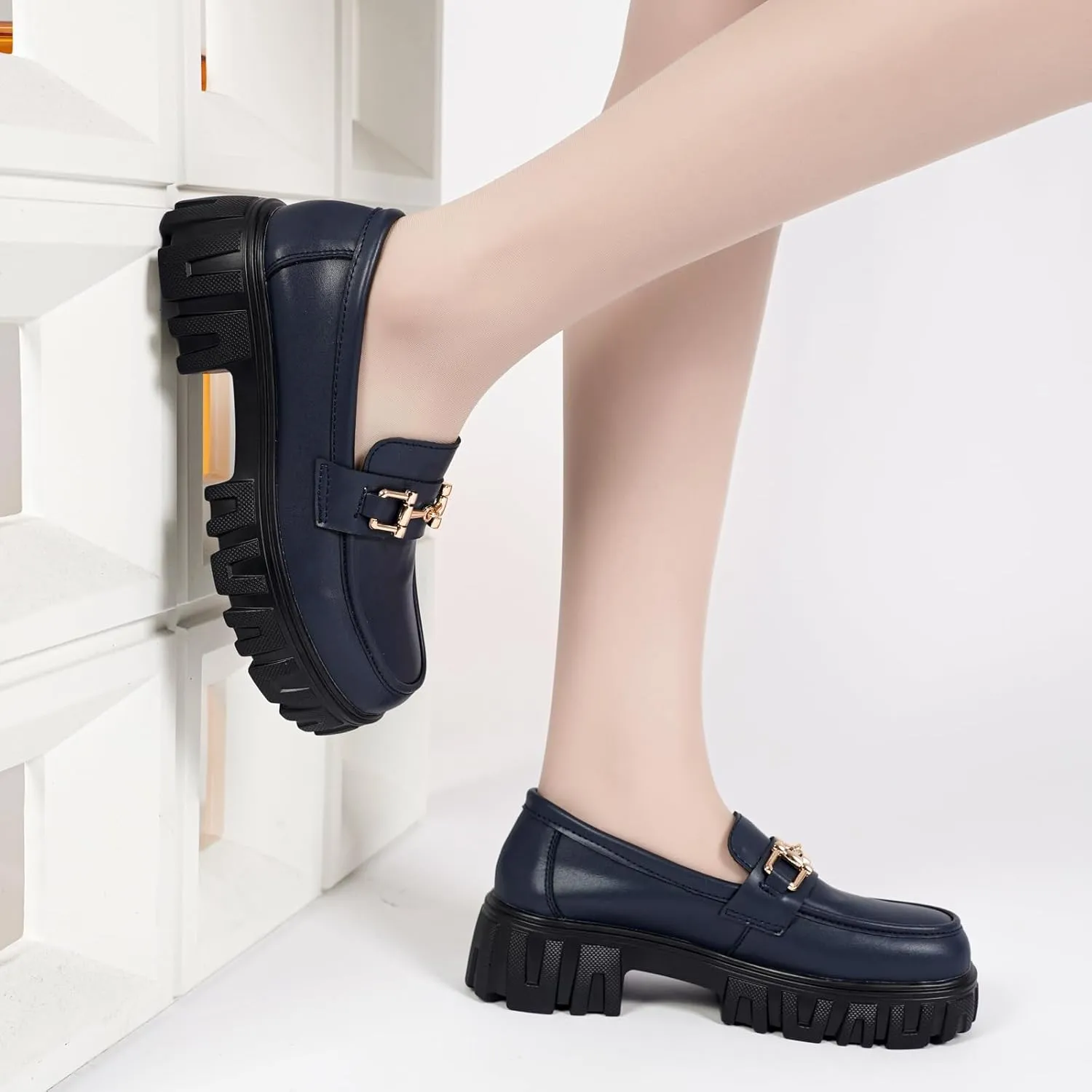 Maichal Platform Loafers for Women Slip On Chunky Heel Lug Sole Shoes Business Work Dressy Loafers with Chain