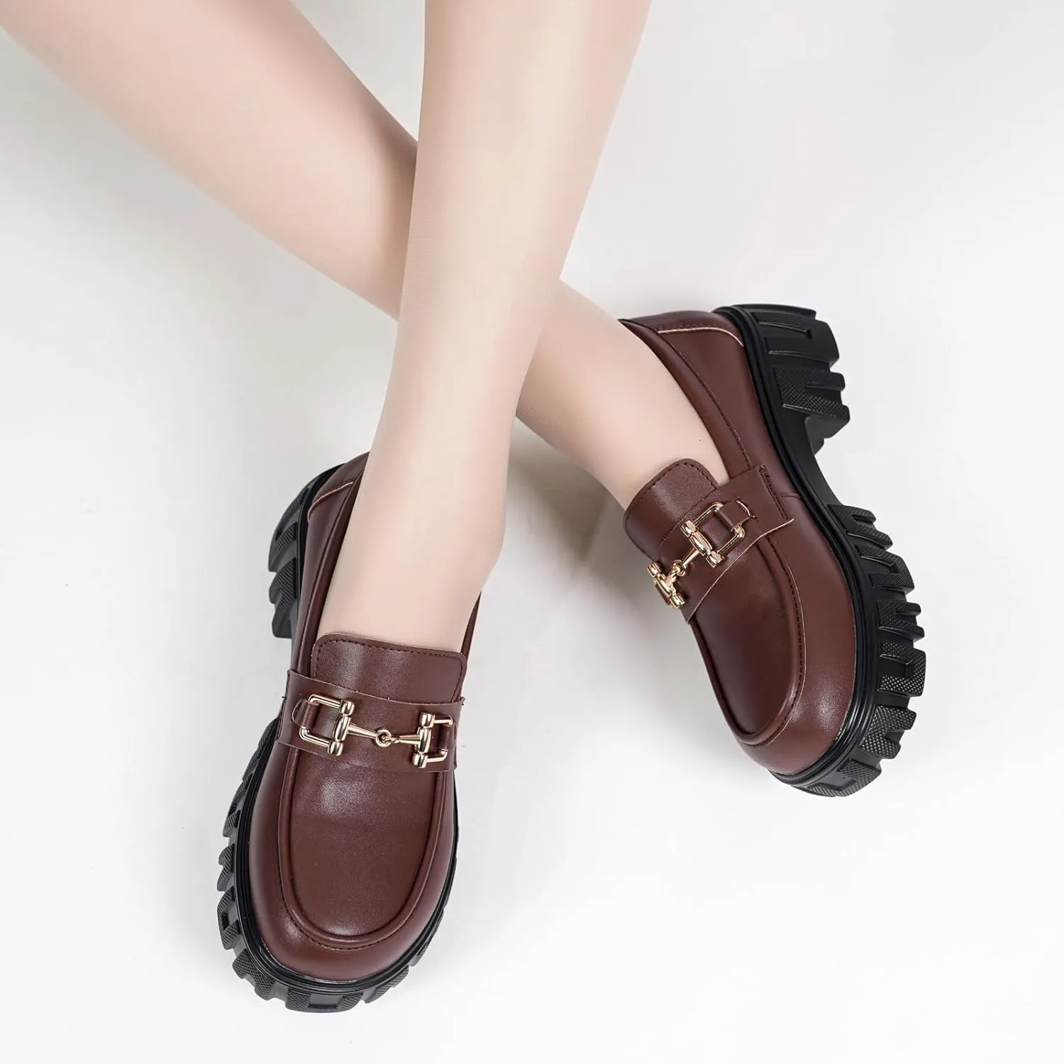 Maichal Platform Loafers for Women Slip On Chunky Heel Lug Sole Shoes Business Work Dressy Loafers with Chain