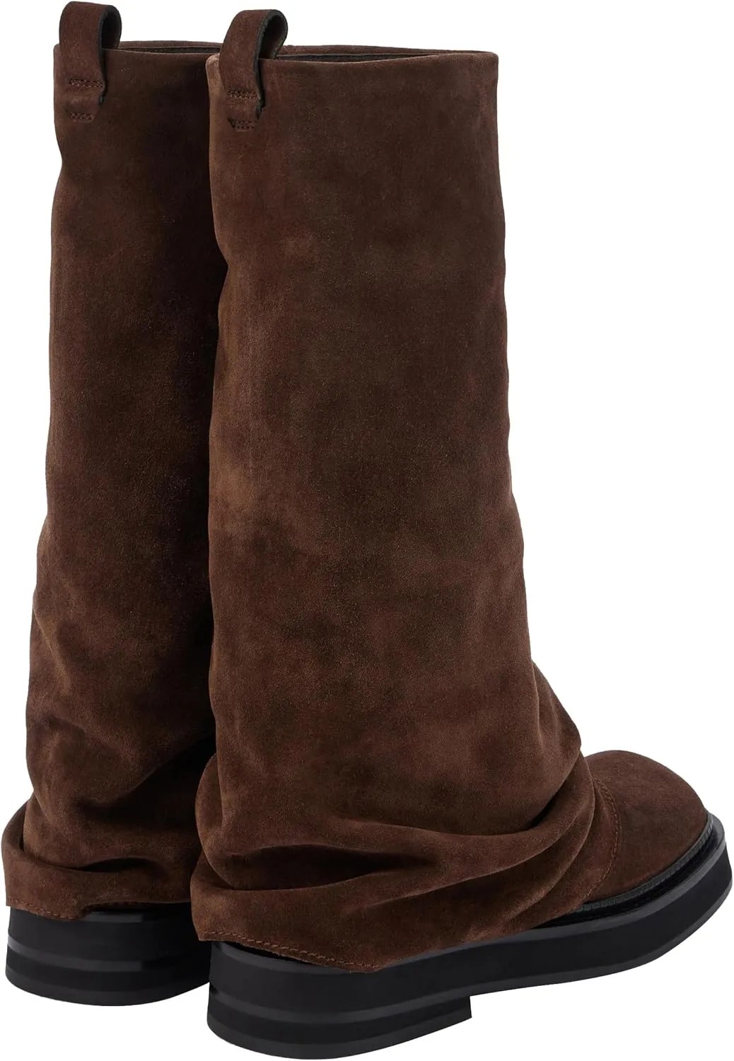 MAVMAX Women Fold Over Knee High Boots Casual Round Toe Coverd Slouched Leather Pull On Wide Calf Chunky Low Heel Platform Boots