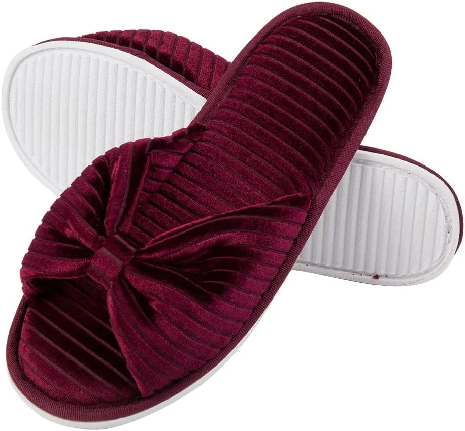 Memory Foam Slide Slippers for Women, Cushioned, Anti Slip Textured Rubber Sole, Open Toe Slippers, Stylish Bow Design, Machine Washable