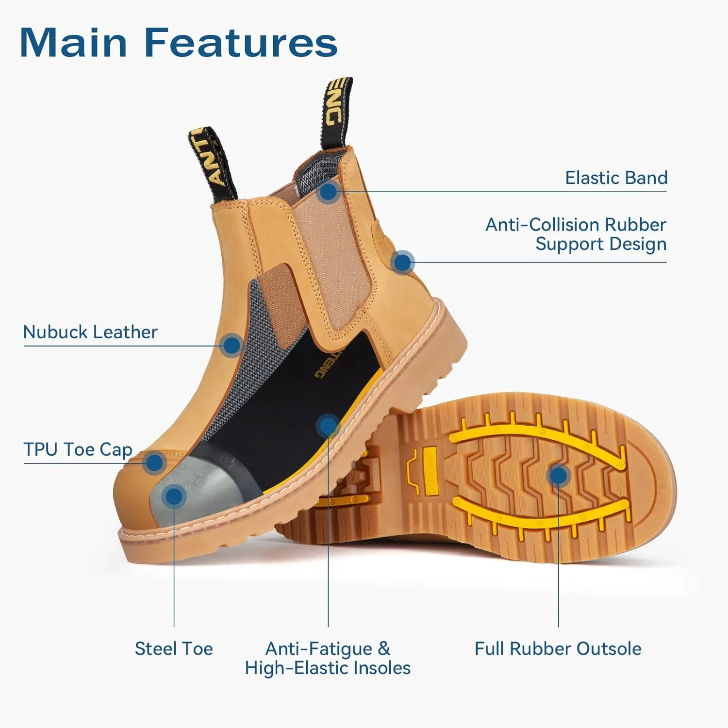 Men Work Boots, Steel Toe Nubuck Leather Footwear, Non-Slip Rubber Outsole Boot, Safety Construction Shoes, Breathable, Water-Repellent, Quick Dry (AT601,Wheat)