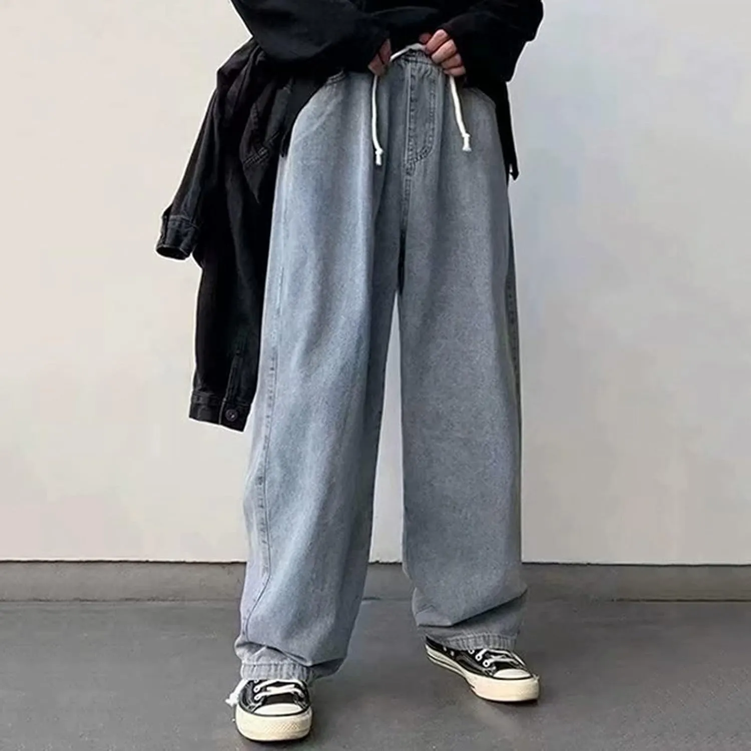 Men's Baggy Wide Leg Jeans Hip Hop Skater High Street Denim Pants Casual Trendy Loose Fit Long Streetwear Trousers