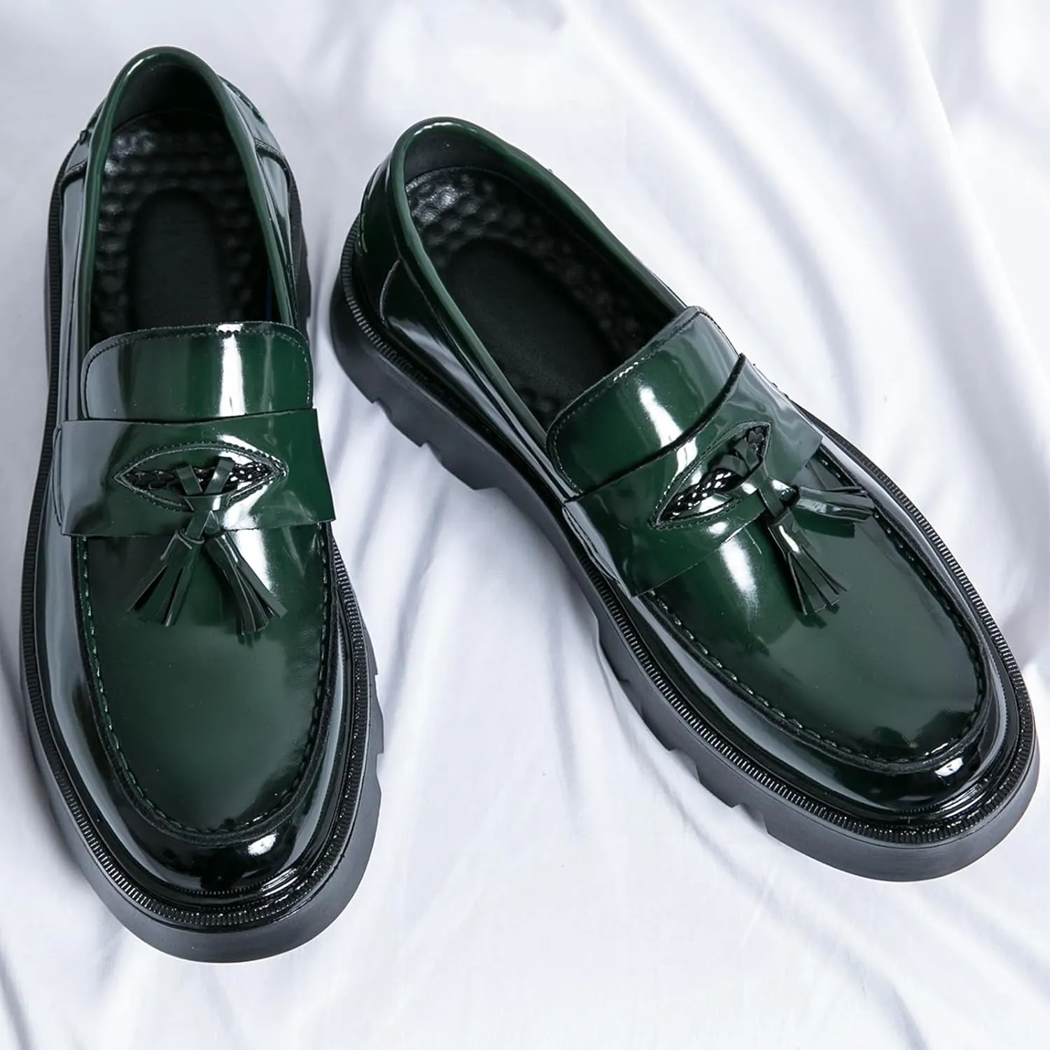 Men's Black Soft Patent Leather Platform Chunky Heel Loafers Fashion Tassel Business Casual Formal Work Shoes Non-Slip Lug Sole Slip-On Penny Loafers