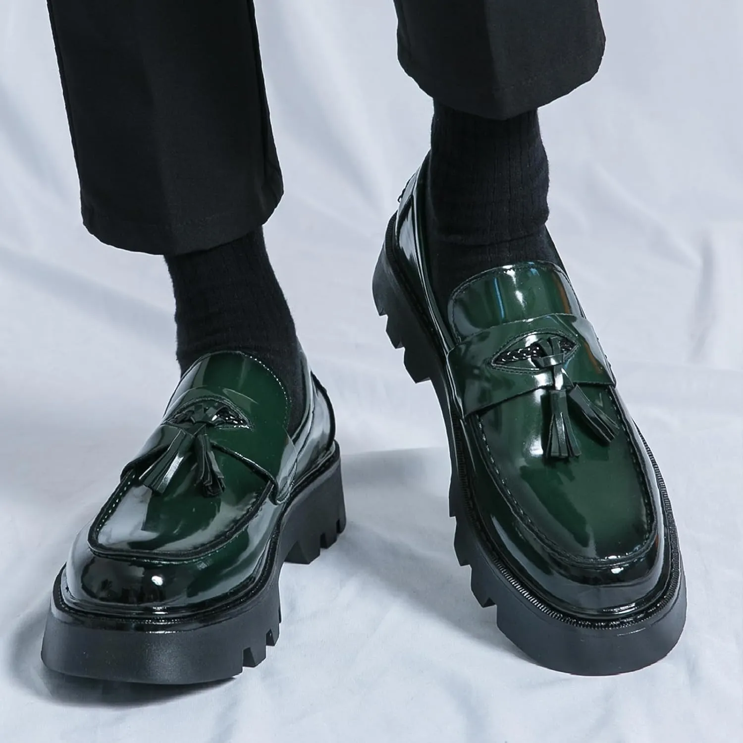 Men's Black Soft Patent Leather Platform Chunky Heel Loafers Fashion Tassel Business Casual Formal Work Shoes Non-Slip Lug Sole Slip-On Penny Loafers