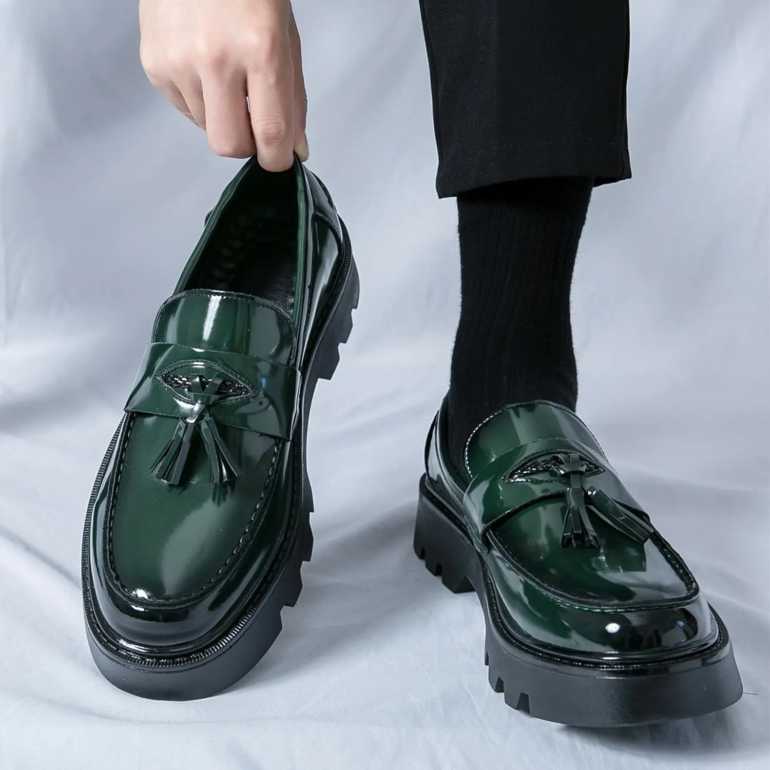 Men's Black Soft Patent Leather Platform Chunky Heel Loafers Fashion Tassel Business Casual Formal Work Shoes Non-Slip Lug Sole Slip-On Penny Loafers