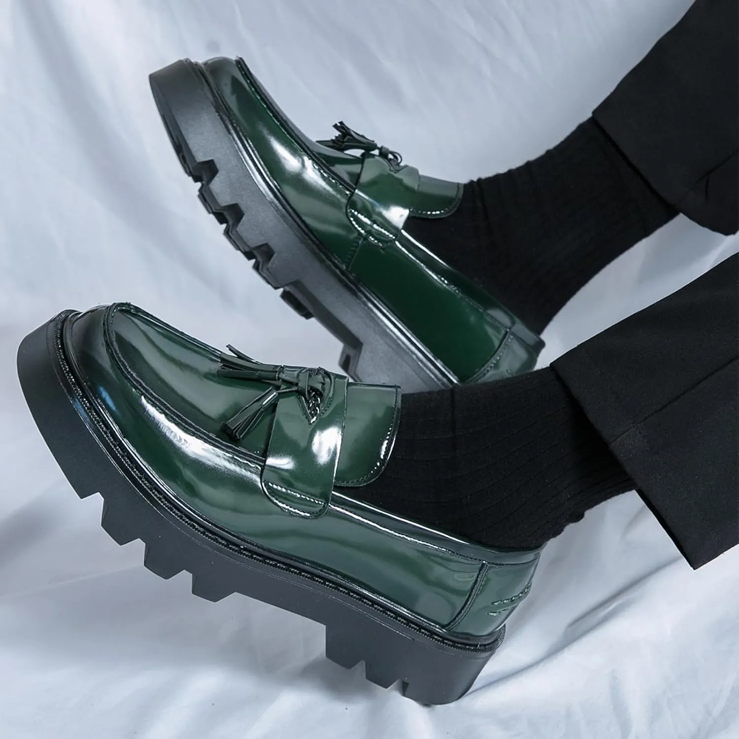 Men's Black Soft Patent Leather Platform Chunky Heel Loafers Fashion Tassel Business Casual Formal Work Shoes Non-Slip Lug Sole Slip-On Penny Loafers