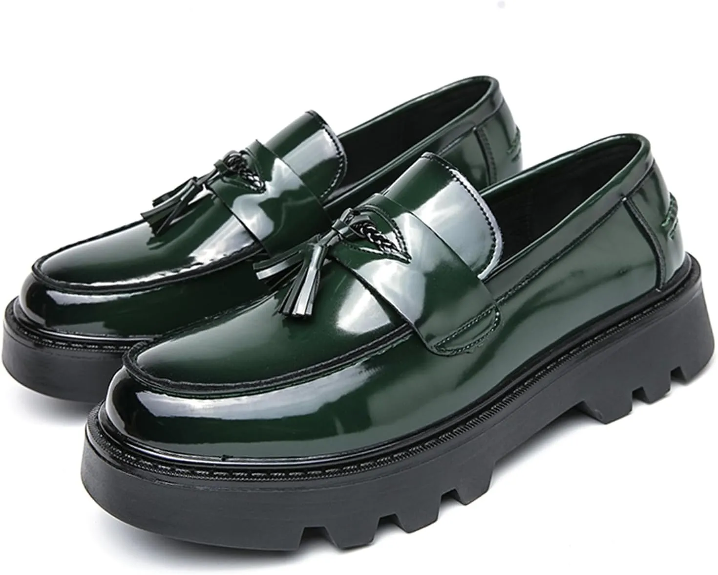 Men's Black Soft Patent Leather Platform Chunky Heel Loafers Fashion Tassel Business Casual Formal Work Shoes Non-Slip Lug Sole Slip-On Penny Loafers