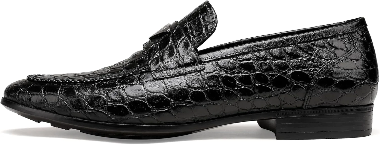 Mens Dress Shoes Leather Loafer, Fashion Crocodile Printed Handmade Dress Shoes Slip on Loafer Shoes for Men
