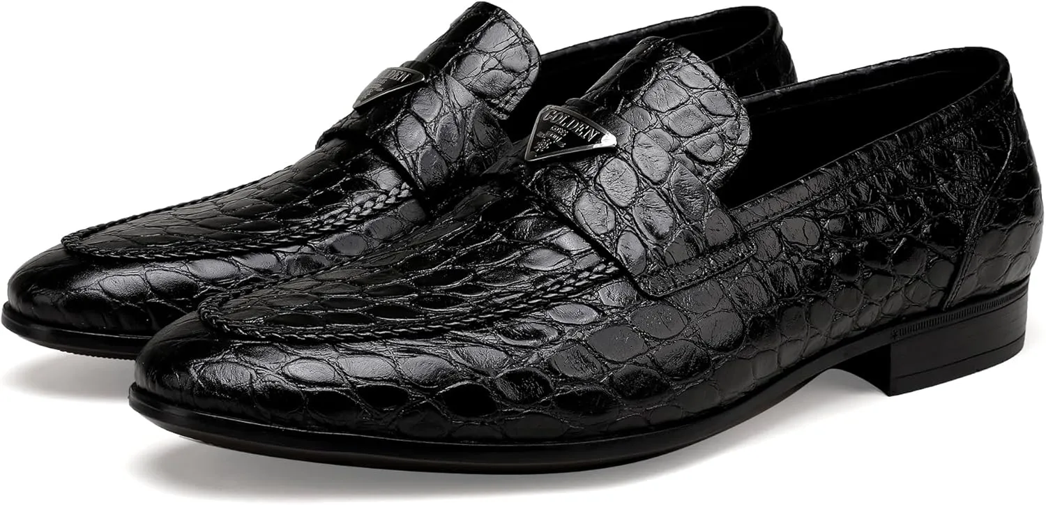 Mens Dress Shoes Leather Loafer, Fashion Crocodile Printed Handmade Dress Shoes Slip on Loafer Shoes for Men