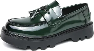 Men's Fashion Retro Patent Leather Slip-On Chunky Tassel Loafer Shoes Comfortable Round Toe Low Top Outdoor Walking Lug Sole Non-Slip Penny Loafers Business Dress Shoes for Men