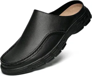 Mens Genuine Leather Soft Bottom Mule Sandals Luxury Wide Round Toe Slip On Formal Wear Dress Loafers Casual Breathable Walking Slippers