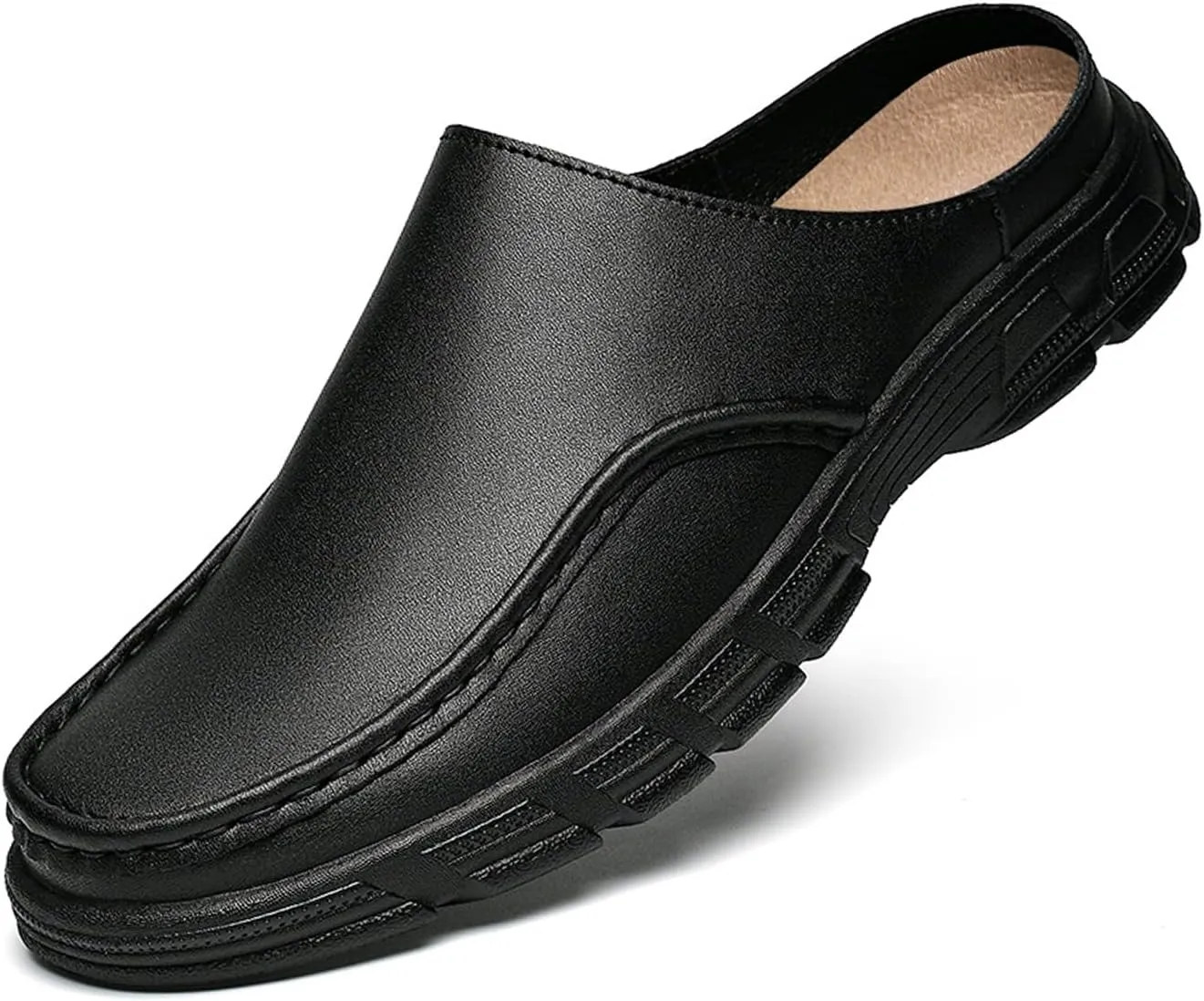 Mens Genuine Leather Soft Bottom Mule Sandals Luxury Wide Round Toe Slip On Formal Wear Dress Loafers Casual Breathable Walking Slippers