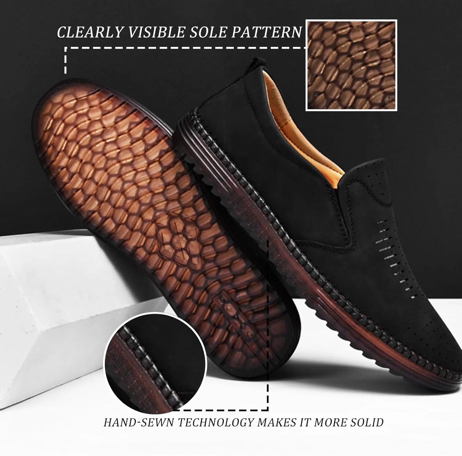 Men's Hand-Sewn Leather Flat Loafers Comfortable Cowhide Soles Non-Slip Slip-On Walking Shoes Summer Breathable Driving Shoes